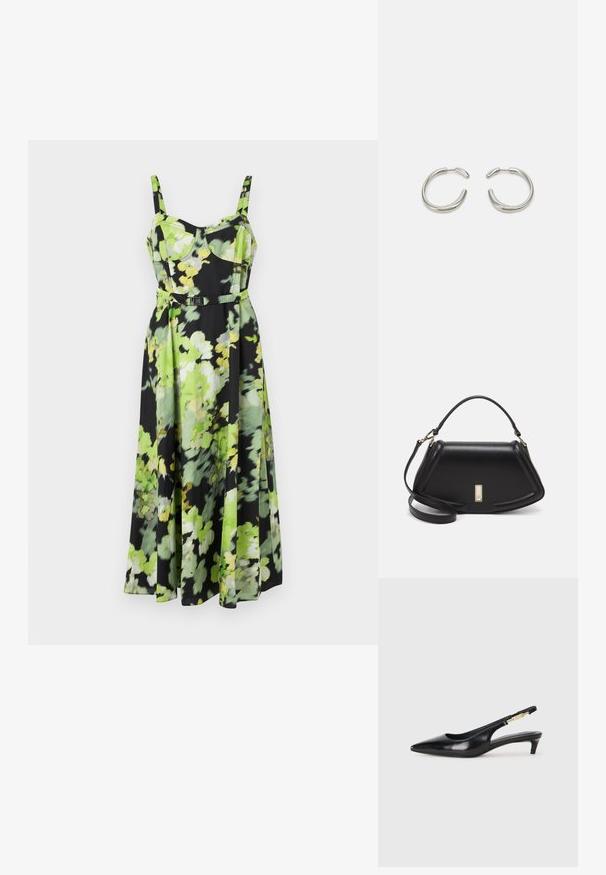 Květinové šaty v černé barvě, zdobené zelenými a žlutými květinovými vzory. Vyrobeny z lehkého materiálu, s tenkými ramínky a páskem v pase.; Černé kožené boty na podpatku s otevřenou patou a špičatou špičkou, s tenkým podpatkem a zlatým akcentem na nastavitelném pásku. Hladký povrch.; Černá kožená kabelka se strukturovaným designem, jejíž tvar je zkrácený, má horní rukojeť a zlaté kovové detaily. Součástí je i nastavitelný ramenní popruh.; Stříbrné kruhové náušnice s hladkým, zaobleným designem a lesklým, vyleštěným povrchem. Mají minimalistický tvar s malým otvorem.