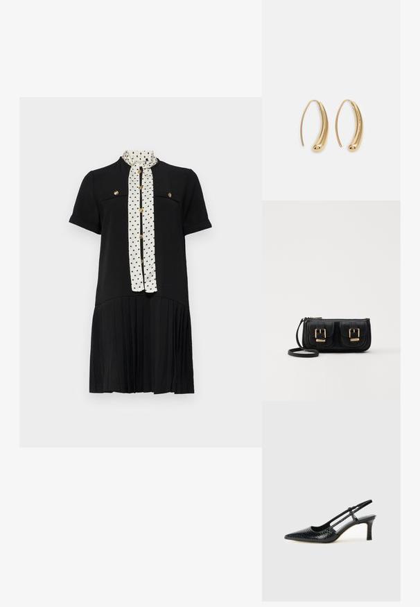 sandro Hverdagskjole - noir; Sorte patent slingback hæl med spids tå, prydet med tekstureret slangeskindsmønster, justerbar rem og en kort, tekstureret blokhæl.; Sort læder crossbody taske med to frontlommer, guldspænder, lynlåslukning og en slank rem. Struktureret overflade og kompakt rektangulær form.; Guldfarvede metal hoops øreringe med en bøjet, forlænget form. Har en glat, skinnende overflade og en afrundet spids for ekstra detalje.