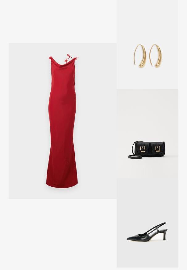 Punane ilma varrukateta kleit drapeeritud kaelakaelusega, koos dekoratiivsete lilleaktsentidega rihmadel. Sile tekstuur ja kehakujule sobiv siluett.; Mustmust paelad, millel on terav varvas, tekstuuriga maduprindiga, reguleeritav rihm ja lühike tekstuuriga plokknina.; Must küllastamata nahast õlakott, millel on kaks esist nähtavat taskut, kuldsed pandlad, tõmblukuga sulgemine ja peen rihm. Tekstuuriga pind ja kompaktne ristkülikukujuline kuju.; Kuldtoonilised metallist rõngas kõrvarõngad, millel on kõver ja piklik kuju. Omavad siledat, läikivat pinda ja ümarat tipptugevdust, mis lisab detaili.