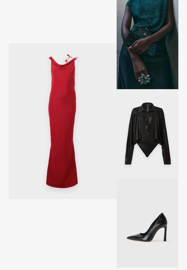Červené bezrukávové šaty s volným výstřihem, zdobené dekorativními květinovými akcenty na ramínkách. Hladká textura a přiléhavý silueta.; Černý body s dlouhými rukávy, výstřihem do V a přiléhavým střihem. Vyrobeno z lesklého, hladkého materiálu se strukturovaným límcem a manžetami.; Černý lodičkový bot s špičatou špičkou, pokrytý texturou krokodýlí kůže, s elegantním designem, vysokým stiletto podpatkem a hladkým černým interiérem.; Černá kabelka ve tvaru psaníčka s krokodýlím vzorem a stříbrným kováním, držena proti texturovanému šedému pozadí. Vyznačuje se lesklým povrchem.