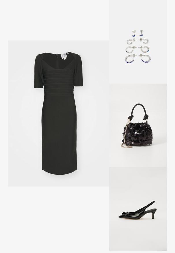 Melnā pieguļošā kleita ar kvadrātveida kakla izgriezumu, īsām piedurknēm un strukturētām horizontālām svītrām. Aizmugurējā rāvējslēdzēja aizdare un līdz ceļgaliem garuma dizains.; Melnas lakotas ādas slingback kurpes ar smailu purngalu, mazu papēdi un izteiksmīgu loku akcentu uz vampa. Gluda tekstūra un elegants dizains.; Melna spīguļota mini rokas soma ar mezglotu teksturētu siksniņu un sudraba ķēdi. Apaļa forma ar sakopotām malām un atstarojumu detaļām.; Sešu auss rotu komplekts sudraba tonī. Ietver stud un riņķa dizainus ar zilajiem un caurspīdīgajiem dārgakmeņiem, kas atšķiras izmērā un formā.