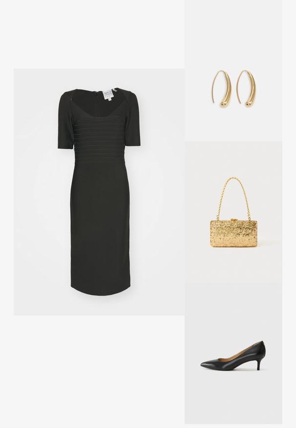 Fekete, testhez simuló ruha négyzet alakú dekoltárral, rövid ujjakkal és texturált vízszintes csíkokkal. Hátul zippes záródás és térd alá érő hosszúság.; Fekete bőrpumpa hegyes orral, alacsony sarokkal és sima felülettel. Elöl enyhe nyílással rendelkezik, hátul pedig minimális részletezéssel.; Arany flitteres clutch táska, téglalap alakú, csavart lánckarabinerekkel és fém záródással, mely fényt tükröz a textúrált felületének köszönhetően.; Aranyszínű fémből készült karika fülbevalók ívelt, hosszúkás formával. Simaságával és fényes felületével, valamint lekerekített végével további részletekkel bővül.