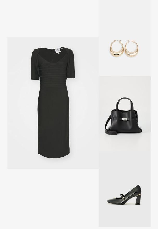 Černé úzké šaty se čtvercovým výstřihem, krátkými rukávy a texturovanými horizontálními pruhy. Zapínání na zip na zadní straně a délka po kolena.; Černá lakovaná vysoká podpatková bota s špičatou špičkou, kotníkovým páskem a zlatým akcentem na podpatku. Design čtvercového bloku podpatku.; Černá kožená kabelka s texturovaným povrchem, vybavená dvěma horními uchy, odnímatelným ramenním popruhem a stříbrným detailem s uzávěrem.; Náušnice ve tvaru kroužku zlaté barvy s půlměsícovým tvarem, lesklým povrchem a závěrečným uzávěrem. Hladká textura a reflexní povrch zvyšují viditelnost.
