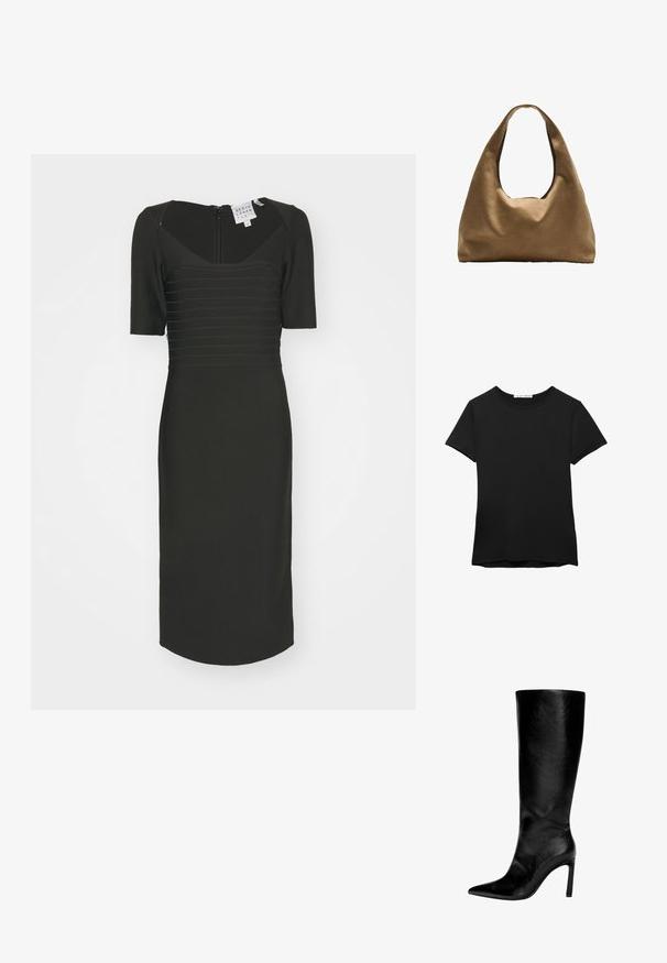 Musta, vartaloa myötäilevä mekko, jossa on neliön muotoinen pääntie, lyhyet hihat ja teksturoitu vaaka-raidallinen pinta. Selkäpuolella vetoketjukiinnitys ja polvipituinen malli.; Mustat lyhythihaiset t-paidat, jotka on valmistettu sileästä kankaasta. Tämä t-paita on varustettu pyöreällä kaula-aukolla ja rentoa istuvuutta tarjoavalla suoraan leikatulla helman muodolla.; Polvisteinen musta nahkaboot, jossa on terävä kärki, korkea stiletto-korko, sileä pinta ja yksinkertainen, tyylikäs muotoilu ilman koristeluja.; Ruskea kangaskassi, jossa on leveä, pyöristetty muoto ja suuri leikattu kahva. Pehmeä pinta, minimalistinen muotoilu ja ei näkyvää metalliosaa.