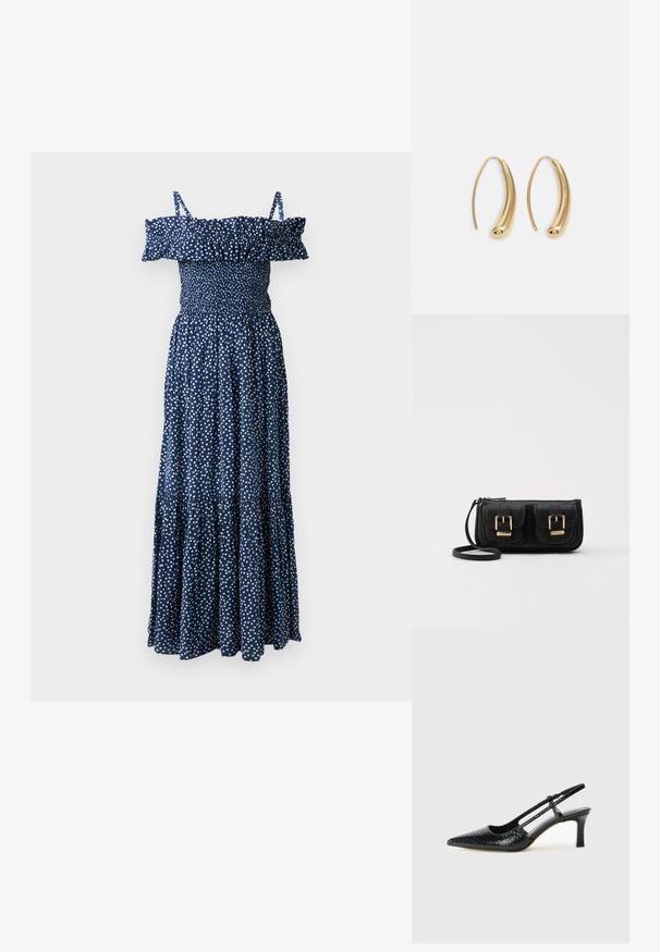 Marineblå maxi-kjole med hvite prikker, av-shoulder volangkrage, smocket liv og design med lagdelt skjørt.; Sorte patent slingback hæl med spids tå, featuring tekstureret slangeskind, justerbar rem og en kort, tekstureret blokhæl.; Svart skinn crossbody veske med to frontlommer, gyldne spenner, glidelåslukking og en slank stropp. Teksturert overflate og kompakt rektangulær form.; Gullfargede metalløredobber med en buet, forlenget form. Har en jevn, blank overflate og en avrundet tupp for ekstra detaljer.