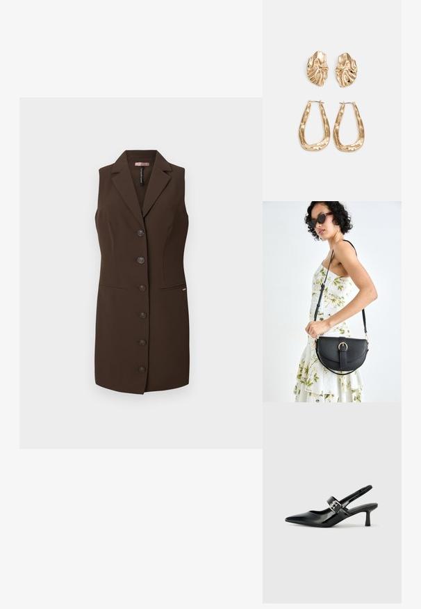 Smeđa ženska bezrukavna prsluk s uskim dizajnom, prorezanim reverima i šest dugmadi. Ima dva prednja džepa i gladak tekstur.; Crne lakirane slingback potpetice s oštrim prstom i malom blok petom, s naglaskom na srebrnoj kopči na remenu.; Crna kožna torba s lukovitim oblikom, odvojivim remenom i zlatnim detaljima. Torba ima preklop s kopčom.; Naušnice zlatne boje s teksturiranim, valovitim oblicima. Uključuju skulpturalne kopče i dizajn otvorene kružnice s kovanom završnom obradom.