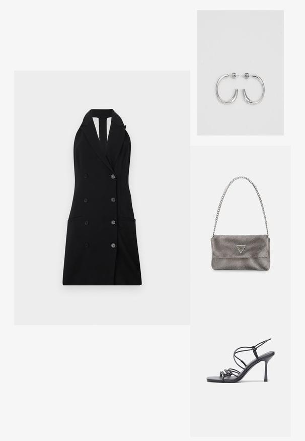 Melnā divrindu žakete-kleita ar halteru kakla dizainu, ar diviem priekšējiem kabatām un sudraba pogu akcentiem.; Melnas augstpapēžu sandales ar plāniem siksniņām un mezgla dizainu, gluda kvadrātveida purngalu un elegantu stiletto papēdi.; Gaiši pelēka metāla rokassoma ar ķēdes siksnu, rotāta ar mazām apaļām metāla kniedēm un trīsstūra zīmola logo.; Sudraba riņķveida auskari ar gludu, spīdīgu apdari. Apaļas formas, viegla dizaina, ar aizdari uz stieples.