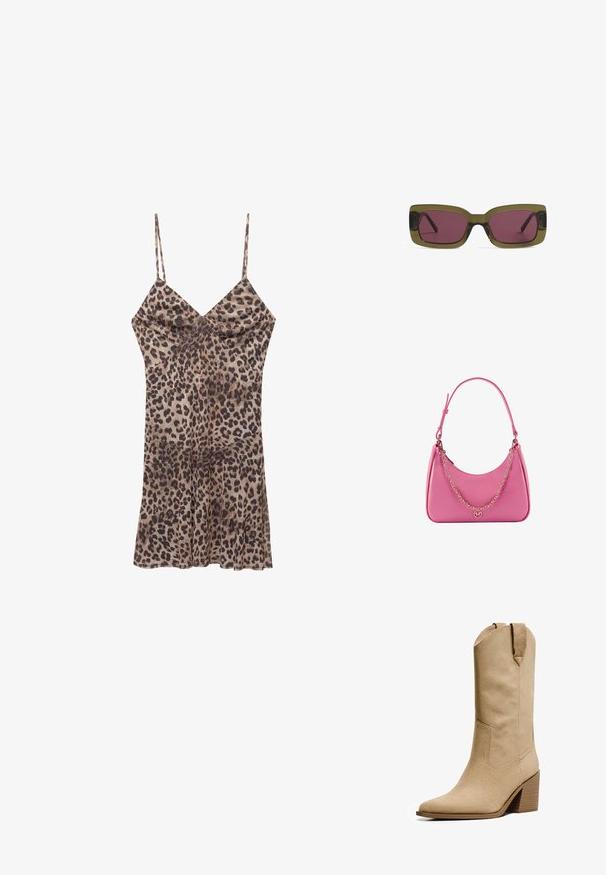 Leopardmönstrad klänning i mjukt tyg, med tunna axelband, v-ringning och en utsvängd nederdel som slutar ovanför knäet.; Bershka HIGH-HEEL - Cowboy- / Bikerboots - beige; Rektangulära solglasögon med en olivgrön ram och djupt rosa linser. Ramen har en glansig finish, medan bågarna är eleganta och raka.; Rosa syntetisk axelväska med en böjd form, slät yta, avtagbar kedjesnodd och en cirkulär logotypdetalj på framsidan.