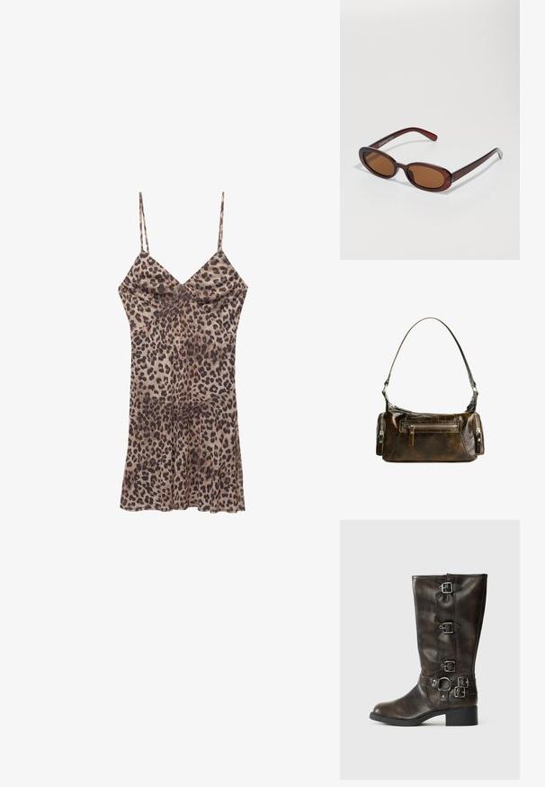 Šaty s leopardím motívom vyrobené z hladkej tkaniny, s tenkými ramienkami, v-dekoltom a rozšíreným lemom, ktorý končí nad kolenom.; Hnedé kožené čižmy po kolená s viacerými prackami, okrúhlou špičkou a nízkym hrubým podpätkom. Majú textúrovaný povrch a nastaviteľné popruhy.; Okrúhle slnečné okuliare s hnedým nádychom a lesklým burgundským rámom. Úzke ramená s jemným brandovaním. Plochej šošovky dizajn.; Hnedá kožená kabelka so zakriveným tvarom, striebornými komponentmi a dvomi zipovými vreckami vpredu. Súčasťou je nastaviteľný ramenný popruh.