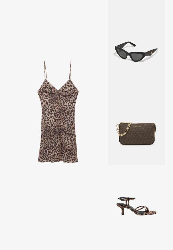 Abito con stampa leopardata realizzato in tessuto morbido, caratterizzato da spalline sottili, scollo a v e un orlo svasato che arriva sopra il ginocchio.; Sandali con tacco in stampa leopardata, con punta quadrata, multiple cinghie e un tacco di altezza media. Realizzati in morbido materiale tessile.; Occhiali da sole a forma di gatto con montatura in plastica nera opaca, lenti scure e un'accensione con logo dorato sulla stanghetta. Design angolare e superficie liscia.; Borsa a tracolla in pelle marrone con motivo logo, tracolla in catena dorata, chiusura con zip e dettagli in metallo dorato. Forma compatta e rettangolare.