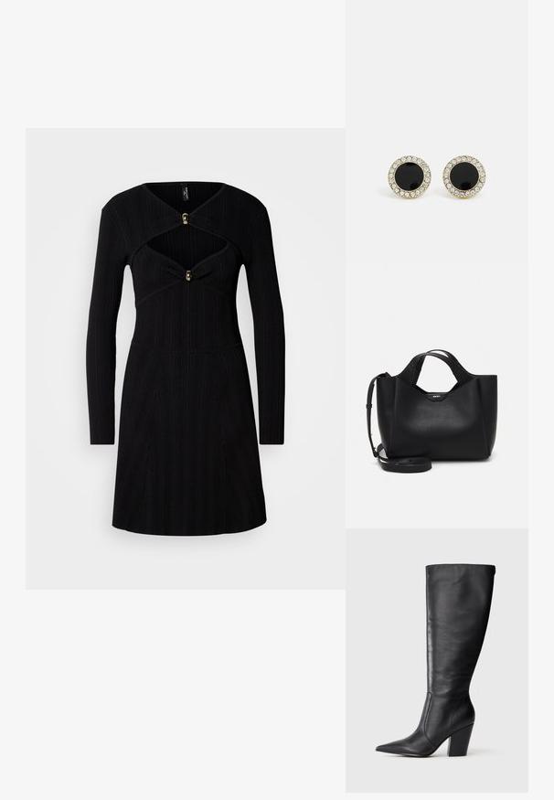 Černé žebrované šaty s dlouhými rukávy, mají přiléhavý korzet, výstřih ve tvaru V a zlaté ozdobné knoflíky na hrudi.; Černá kožená vysoká bota po kolena s špičatou špičkou a robustním vysokým podpatkem, zobrazená v levém bočním profilu na bílém pozadí.; Černá kožená taška s texturovaným povrchem, úhlovým tvarem, dvojitými uchy a nastavitelným popruhem na rameno. Obsahuje akcent s logem DKNY.; DKNY INLAY STUD - Náušnice - black/gold-coloured