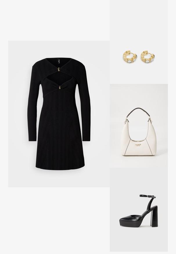 Vestuário preto canelado com mangas longas, apresentando um corpete ajustado, decote em V e botões de destaque dourados no peito.; Saltos altos pretos com bico fino e atilho ajustável no tornozelo. Confeccionados em couro suave, apresentam um salto bloco robusto.; Bolsa texturada branca com silhueta curva, detalhes em preto, logótipo dourado e uma alça curta. Apresenta um fecho de zip com detalhes em metal.; Brincos de argola dourados com um design texturizado e três cristais transparentes em um lado, oferecendo uma estética geométrica moderna.