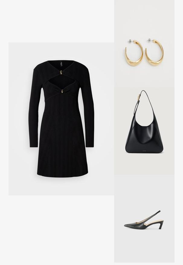 Svart ribbet kjole med lange ermer, med en tettsittende liv, V-formet utringning, og gullfargede knappdetaljer på brystet.; Svart spiss tå slingback-sko med lav hæl, laget av jevnt skinnmateriale og med utskåret design på siden for pusteevne.; Svart lær skulderveske med glatt tekstur, buet silhuett og gullfarge detaljer. Har preget merkevarelogo nederst.; Gullfargede hoop øredobber med en glatt, buet design. Laget av metall, med en elegant finish og bakfeste.
