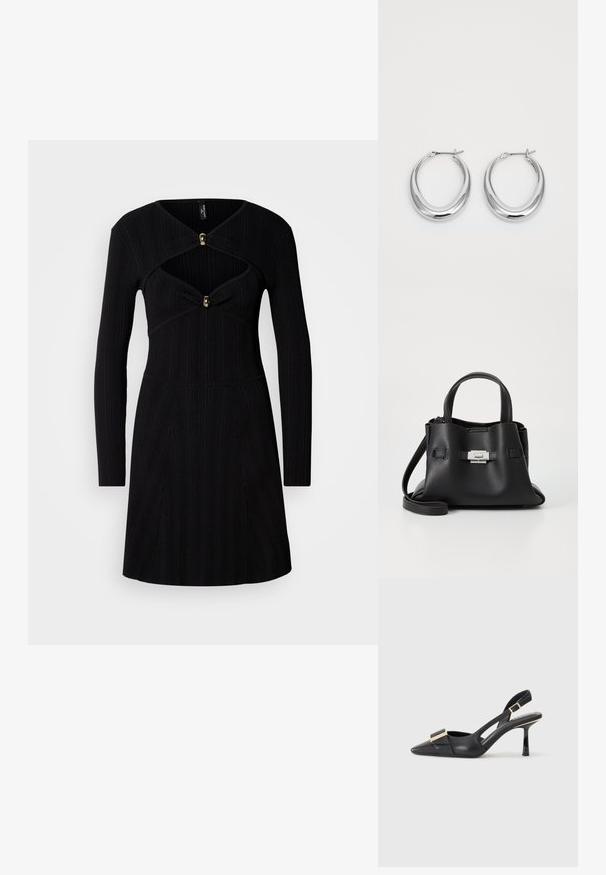 Juoda raukšlėta suknelė ilgomis rankovėmis, su prigludusia liemens dalimi, V formos iškirpte ir aukso spalvos akcentiniais mygtukais ant krūtinės.; Juodas odinis batelis su atviru kulnu, smailiu pirštu, liekna kulniuku ir auksinės spalvos detalėmis ant batus. Lygus paviršius ir struktūrizuotas dizainas.; Juodas odinis rankinės su tekstūruota apdaila, turintis dvi viršutinės rankenos, nuimamą peties diržą ir sidabrinį užsegimą.; Poliruoti sidabro pusmėnulio formos auskarai su užlenkiamais užsegimais ant balto fono.