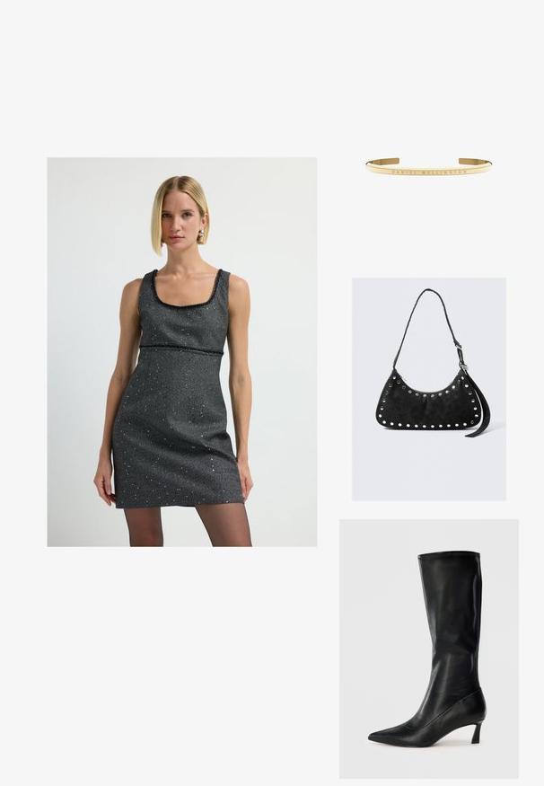 Silbernes Paillettenkleid im Mini-Format mit eckigem Ausschnitt, ärmellosem Design und figurbetonter Silhouette, das eine glatte Textur und dezenten Schimmer bietet.; Schwarze Lederstiefel in Knielänge mit spitzem Zehenbereich und moderatem Absatz. Glatte Textur und elegantes Design mit dezenten Steppnähten.; Schwarze Tasche aus Kunstleder mit einer geschwungenen Form, akzentuiert durch runde Metallnieten entlang der Kante, mit einem Reißverschluss und einem langen Tragegurt.; Armbanduhr aus goldfarbenem Metall mit einer glatten, polierten Oberfläche und einer gravierten "DANIEL WELLINGTON"-Detail entlang des Bandes.