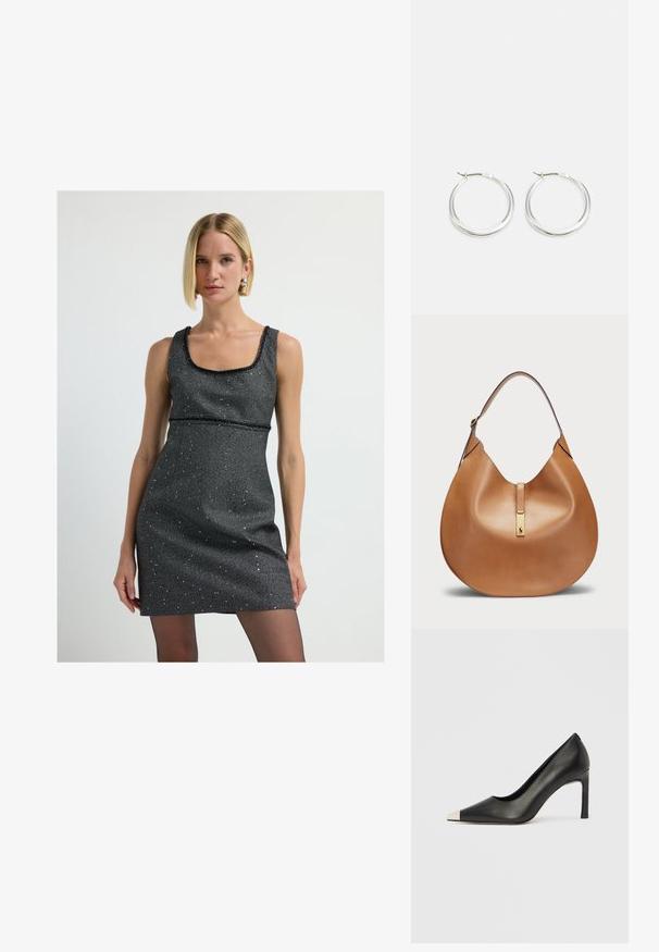 Zilveren pailletjes mini-jurk met een vierkante halslijn, mouwloos ontwerp en aangesloten silhouet, met een soepele textuur en subtiele glans.; Zwarte leren hoge hak met een spits toelopende neus en een metalen zilverkleurige kap. Heeft een gladde afwerking en een slanke hak van 10 cm.; Tan leren handtas met een gebogen vorm en een brede schouderband. Heeft een gouden metalen accent in het midden en een gladde textuur.; Zilveren hoop oorbellen hebben een glad, rond ontwerp met een dun profiel en een veilige sluiting. Minimalistische stijl met een gepolijste afwerking.