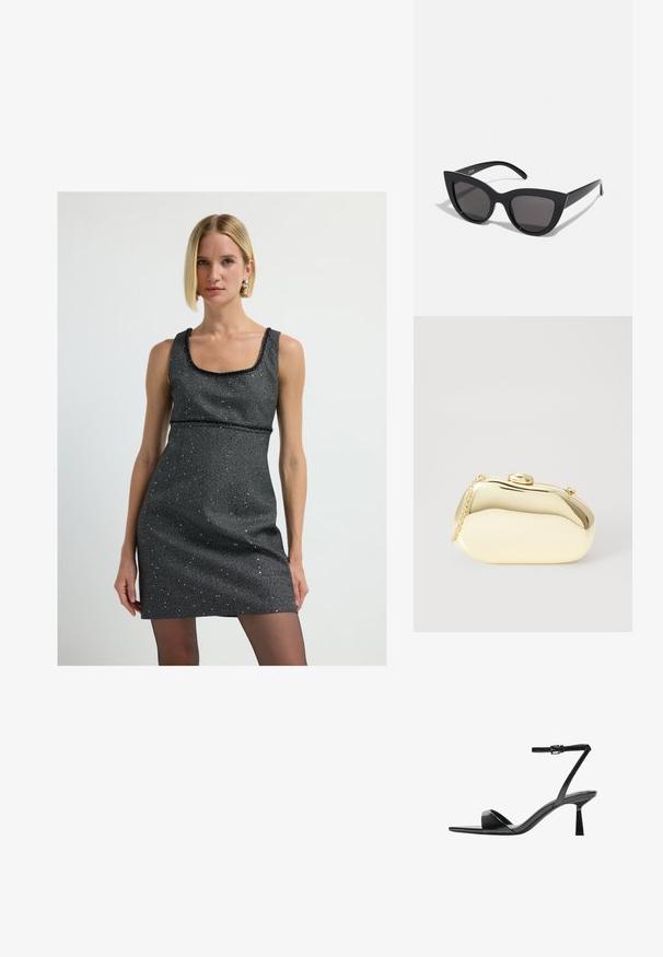 Hopealuinen paljetti-mini mekko, jossa on neliönmuotoinen pääntie, olkaimeton muotoilu ja kroppia myötäilevä siluetti. Mekossa on sileä tekstuuri ja hienovarainen kiilto.; Bershka Korolliset sandaalit - black; Mustat kissansilmäaurinkolasit, joissa on matta pinta, harmaansiniset linssit, terävät kulmat ja tyylikkäät sivuvarret. Brändin nimi näkyy sisävarsissa.; Metallinen kultainen clutch, jossa on sileä ja pyöreä muoto. Sen yläosassa on nappilukko ja pieni ketjuhihna kuljettamista varten.