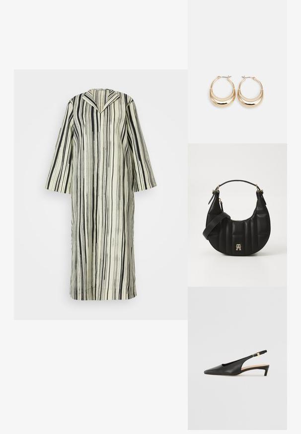 Raidallinen pitkä takki mustassa ja kreemivärisessä. Ominaisuuksiin kuuluu avoin kaulus ja leveät hihat, valmisteettu sileästä, tekstuurista kankaasta, jossa on pystysuoria viivoja.; Musta nahkainen slingback-korkokenkä, jossa on terävä nenä, matala korko ja säädettävä nilkkarengas, jossa on kultasävyinen solki. Suora pinta.; Musta nahkalaukku, jossa on kaareva muoto, tikattu pinta ja kultaiset yksityiskohdat. Varustettu irrotettavalla olkahihnalla ja logopotkalla.; Kulta-toned korvakorut, joissa on puolikuun muoto, kiillotettu pinta ja sarana-closure. Sujuva rakenne ja heijastava pinta parantavat näkyvyyttä.