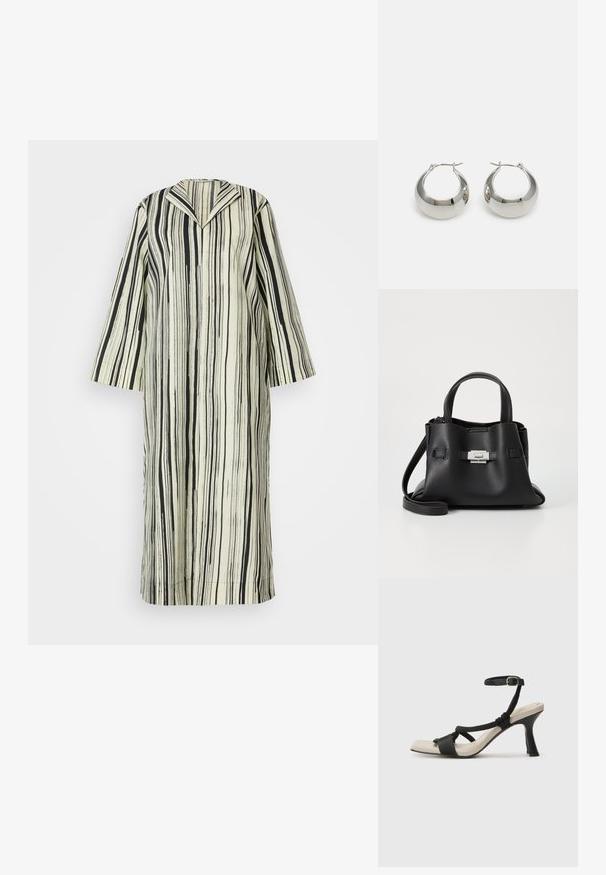 Prugasti dugi kaput u crnoj i krem boji. Ima otvoreni ovratnik i široke rukave, izrađen od glatkog, teksturiranog materijala s vertikalnim linijama.; Crne sandale na visokom potpetici s dizajnom pletenih trakica, kvadratnim vrhom i podešivom trakicom oko gležnja. Svijetlosmeđi ulošci s sjajnim crnim potpeticama.; Crna kožna torba s teksturiranim završnim obradom, koja ima dva gornja ručka, odvojivu naramenicu i detalj s srebrnim kopčanjem.; Srebrne metalne naušnice u obliku obruča s glatkom, sjajnom površinom i strukturiranim, zaobljenim dizajnom. Imaju šarkasti kopča za sigurno nošenje.