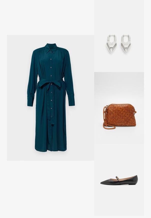 Turkusowa sukienka z długim rękawem wykonana z gładkiego materiału, z guzikami z przodu, kołnierzykiem i paskiem w talii do regulacji dopasowania. Wąskie mankiety przy rękawach.; Czarne skórzane baletki z wydłużonym noskiem i bocznym paskiem z okrąłym złotym akcentem. Lekkie z płaską podeszwą.; Brązowa torba na ramię z plecionej skóry z zamkiem błyskawicznym, w zaokrąglonym kształcie i plecionym paskiem. Posiada małą, prostokątną tabliczkę z logo.; Srebrne kłódki w kształcie serca z wygrawerowanymi napisami "TAK" i "NIE", polerowane wykończenie, symetryczny design oraz mocny metalowy zamek.