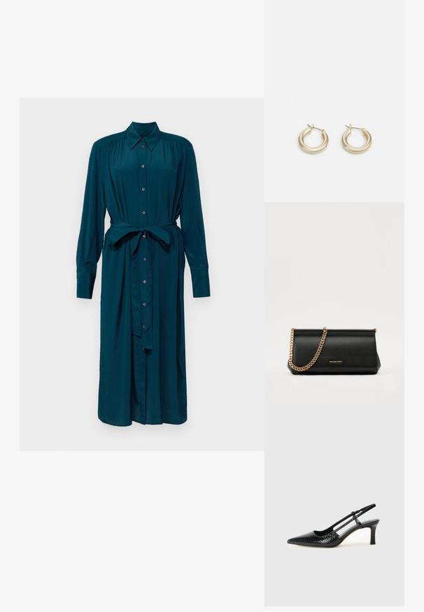 Türkises Langarmkleid aus glattem Stoff, mit durchgeknöpftem Vorderteil, Kragen und Taillengürtel für eine anpassbare Passform. Schmale Manschetten an den Ärmeln.; Schwarze Lack-Slingback-Pumps mit spitzem Zehenbereich, versehen mit strukturiertem Schlangenprint, verstellbarem Riemen und einem kurzen, strukturierten Blockabsatz.; Schwarze Leder-Clutch mit einer goldenen Ketten-Trage, die eine glatte Oberfläche, rechteckige Form und geprägtes Branding auf der Vorderseite aufweist.; Lauren Ralph Lauren BASIC SMALL HOOP - Ohrringe - gold-coloured