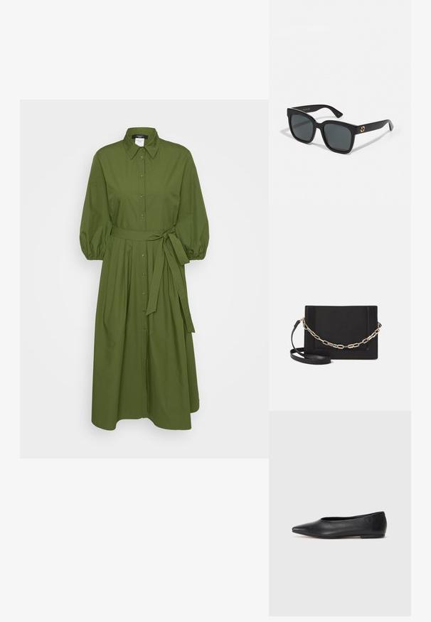 Vihreä puuvillainen mekko, jossa on pitkät puff-hihat, napit edessä ja vyö vyötäröllä. Siinä on kauluspaita ja lentävä hameen muotoilu.; Musta nahkainen ballerinatyyppinen kenkä, terävä kärki, minimalinen muotoilu, sileä pinta, matala korko, ei näkyvää metalliosaa tai koristeita.; Mustat aurinkolasit, joissa on suorakulmaiset linssit, kiiltävä pinta ja kultaiset logoleimat temppeleissä. Tummanharmaat linssit tarjoavat UV-suojan.; Musta nahkainen olkalaukku, jossa on sileä pinta, suorakulmainen muoto ja metalliketju yksityiskohtana edessä. Mukana säädettävä hihna.