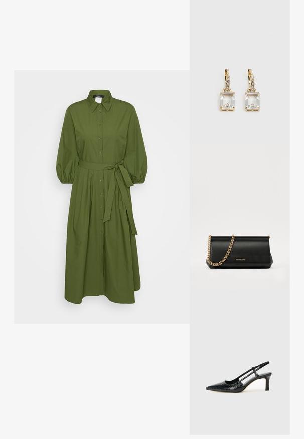 Zelena pamučna haljina košulja s dugim puf rukavima, prednjim gumbima i vezanjem u struku. Ima ovratnik i lepršavi dizajn suknje.; Crne lakirane slingback pete s oštrim vrhom, s teksturiranim uzorkom zmijske kože, podesivom remenom i kratkom, teksturiranom blok-petom.; Crna kožna torbica sa zlatnim lančićem, koja se odlikuje glatkom teksturom, pravokutnim oblikom i utisnutim brendom na prednjoj strani.; Zlatne naušnice s pravokutnim, prozirnim kristalom koji visi ispod niza malih, okruglih prozirnih akcenata. Elegantni, moderni dizajn.