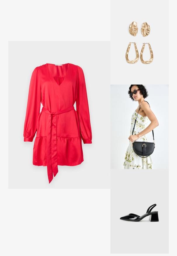 Piros ruha hosszú ujjakkal, mély V-nyakkivágással és övvel ellátott, hangsúlyozott derekú. Simaságával kiemelkedő anyagból készült, lépcsős alsó résszel és hozzá illő övvel.; Fekete lakk bőr szandálkés magas sarkú cipő, hegyes orral és geometrikus tömbsarkakkal. Karcsú, minimalista dizájn és sima textúra jellemzi.; Fekete bőrtáska ívelt formával, levehető pánttal és arany színű fémrészekkel. A táskán egy csattal díszített fedél található.; Aranyszínű fülbevalók, texturált, hullámos formákkal. Tartalmazza a szobrászati klipszes studokat és az open hoop kialakítást, kalapácsos felülettel.