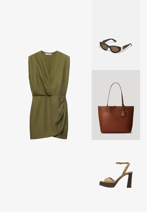 Olivgrünes ärmelloses Oberteil mit gewickeltem Design, leicht strukturierter Oberfläche und Vorderseite mit Drapierung, die eine figurbetonte Silhouette erzeugt.; Beige Wildleder-Pumps mit hohem Absatz, breitem Vorderband und Knöchelriemen, ausgestattet mit einem klobigen Holzblockabsatz mit strukturiertem Finish.; CHLOÉ Sonnenbrille - havana-brown; Braune Leder-Tote-Bag mit zwei Griffen, einem kleinen anhängenden Tag und einem dezenten Logo auf der Vorderseite. Glatte Textur mit strukturiertem Design.