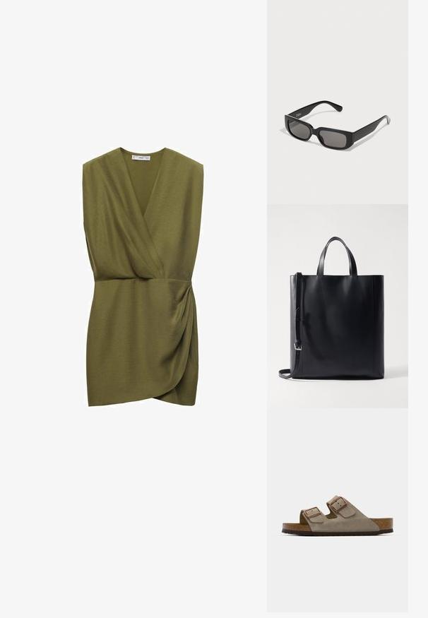 Olivovo zelený top bez rukávov s prekrývajúcim dizajnom, jemnou textúrou a predným prekladaním, vytvárajúci priliehavý siluetu.; Semišové sklzové sandále svetlosivej farby s dvoma nastaviteľnými prackami, korkovou strednou podrážkou a textúrovanou gumovou podrážkou.; Čierne obdĺžnikové slnečné okuliare so šedými sklami, vyrobené z hladkého plastu. Majú minimalistický dizajn s rovnými ramenami a decentným brandingom.; Čierna kožená taška s dvoma rúčkami a odnímateľným popruhom na rameno. Hladký povrch s minimalistickým dizajnom a bez viditeľných kovových prvkov.; Textúrovaný strieborný prsteň s organickým tvarom, s vlnitou páskou a drsným povrchom. Vygravírované logo vo vnútri pásky.
