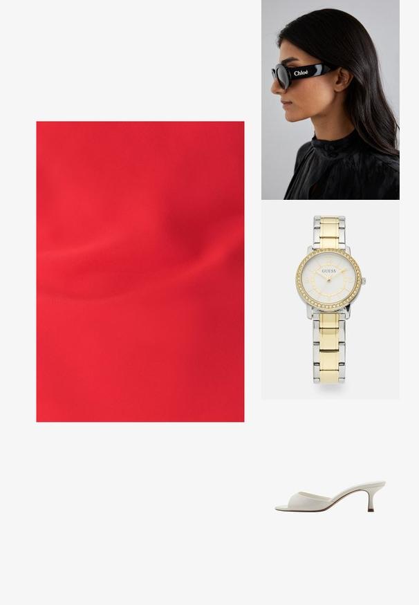 Röd tyg med en mjuk textur, som uppvisar subtila veck och en jämn matt yta. Inga mönster eller detaljer är synliga.; Vita öppna högklackade mules med en slät yta, minimalistisk design och en slank klack, med en subtil brun accent på sulan.; Svarta solglasögon med runda linser och djärva, vinklade bågar som har varumärket "Chloé" i vitt på sidan. Slät, glänsande yta.; Rund klocka i rostfritt stål med ett armband av silver- och guldmetallkedjor. Den vita urtavlan har guldaccent och en bezel prydd med kristaller.