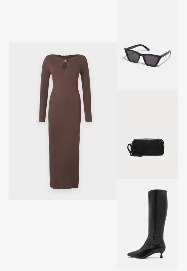 Rochie lungă maro cu dungi, cu decolteu decupat, mâneci lungi și fente laterale. Confecționată dintr-un material texturat, croială cambrată.; Zign Cizme - black; Ochelari de soare negri, unghiulari, cu lentile gri; fabricați din plastic, având brațe groase cu o suprafață netedă și fără hardware vizibil.; Geantă de mână din suede negru, cu închidere cu fermoar și bretea detașabilă pentru încheietura mâinii. Dispune de accesorii din metal aurit și o textură netedă, mată.