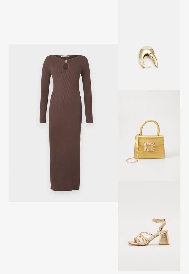 Long, ribbed brown dress with a keyhole neckline, long sleeves, and side slits. Made from a textured fabric, fitted silhouette.; Gold metallic heeled sandals featuring a strappy design, square block heel, and adjustable ankle strap with a buckle. Smooth texture.; Yellow faux-crocodile handbag with a structured design, top handle, detachable chain strap, and decorative crystal embellishment on the clasp.; Gold-tone metal earring with a sleek, curved design. Features a distinctive pointed shape, polished surface, and hinge closure.