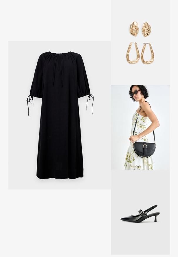 Črna, ohlapna obleka z okroglo izrezom, z nabranimi rokavi in detajli za vezanje na zapestjih. Narejena iz lahkotnega materiala. Enobarvna.; Črne patent usnjene slingback pete s koničastim nosom in majhnim blok peto, ki vključujejo srebrno zaponko na traku.; Črna usnjena torbica s ukrivljeno obliko, z odstranljivo naramnico in zlatimi dodatki. Torbica ima pokrov s podrobnostmi v obliki zaponke.; Zlato obarvani uhani z teksturiranimi, valovitimi oblikami. Vključujejo skulpturalne sponke za ušesa in odprto obliko obročka s kladivastim finišem.