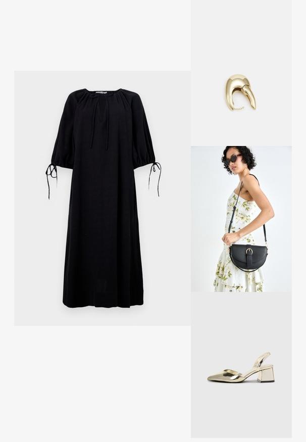 Crna, široka haljina s okruglim izrezom, nabranim rukavima i mašnama na manžetama. Napravljena od lagane tkanine. Jednobojna.; Zlatni metalik slingback sandali s šiljatim vrhom i debelim potpeticama. Glatka tekstura, minimalistički dizajn i uski remen.; Crna kožna torba s lukovitim oblikom, odvojivim remenom i zlatnim detaljima. Torba ima preklop s kopčom.; Zlatne metalne naušnice s elegantnim, zakrivljenim dizajnom. Imaju karakterističan šiljast oblik, poliranu površinu i zatvaranje na šarku.