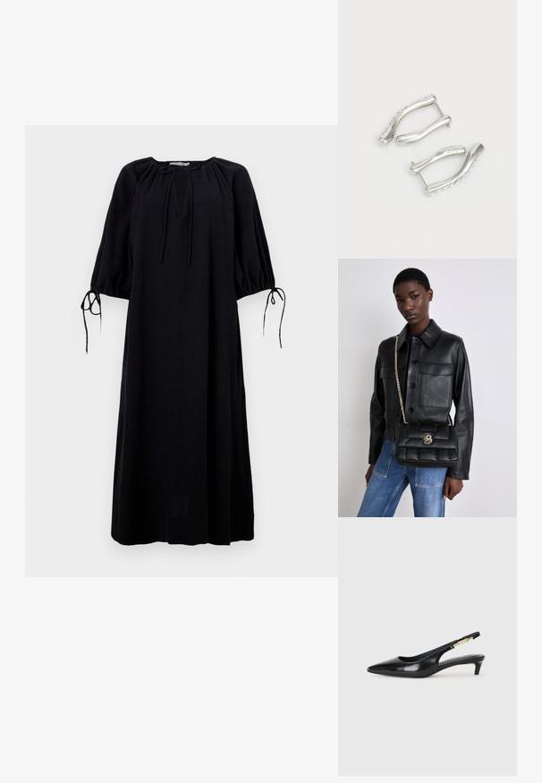 Rochie neagră, cu o croială largă, decolteu rotund, mâneci bufante și detalii cu fundițe la manșete. Fabricată dintr-un material ușor. Culoare uniformă.; Sandale slingback din piele neagră cu vârf ascuțit, având un toc subțire și un accent de culoare aurie pe curea ajustabilă. Textură netedă.; Jachetă din piele neagră cu închidere cu nasturi și două buzunare frontale, asortată cu o geantă de mână neagră matlasată, care dispune de un închizător aurie și un brâu din lanț.; Cercei din metal argintiu cu un design în formă de val, având curbe netede și o margine texturată. Prim-plan al detaliilor hardware vizibile.