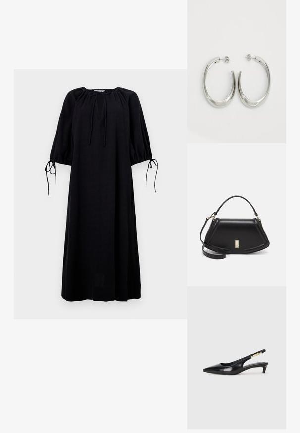 Mustapohjainen, löysä mekko, jossa on pyöreä pääntie, ker gathered hihat ja sidontayksityiskohdat hihansuissa. Valmistettu kevyestä kankaasta. Yksi väri.; Mustat nahkaiset slingback-korkokengät, joissa on terävä kärki, ohuet korot ja kultasävytteinen yksityiskohta säädettävässä hihnassa. Silkkinen pinta.; Mustalla nahkalaukulla, jossa on jämäkkä muotoilu, lyhyt malli, yläkahva ja kultaiset yksityiskohdat. Säädettävä olkahihna sisältyy.; Hope hopeista, joissa on sileä, kaareva muotoilu. Varustettu kiiltävällä metallipinnoitteella ja nappikiinnityksellä. Ei näkyviä kuvioita tai koristeluja.