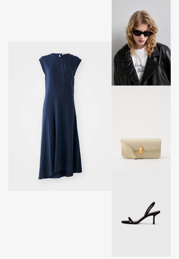 Vanessa Bruno ENEA - Vestito lungo - marine; Sandalete da donna nera in suede con tacco alto, dotata di cinghie sottili e una fibbia dorata su uno sfondo bianco, vista laterale.; Occhiali da sole neri con un design elegante e angolare. Il modello indossa una giacca di pelle nera sopra una camicia bianca con testo stampato, su uno sfondo neutro.; Borsa a tracolla in pelle beige con una superficie liscia, forma rettangolare e una chiusura ovale dorata. Dotata di una lunga tracolla regolabile.