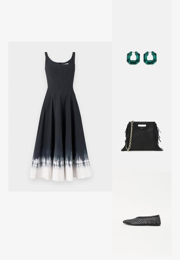 Schwarzes Baumwoll-Sommerkleid mit tailliertem Oberteil und ausgestelltem Rock, das am Saum einen weißen Ombre-Effekt aufweist. Rundhalsausschnitt und rückseitiger Reißverschluss.; Schwarzer gewebter Slipper mit einem Gitterdesign, flacher Sohle und glattem Gummi-Material, das Atmungsaktivität und Flexibilität bietet.; Schwarze Lederhandtasche mit Fransen-Details, goldener Ketten-Schulterriemen und einem ausgeschnittenen Griff. Mit Logoplatzierung auf der Vorderseite.; Grüne, akrylierte Creolen in oktagonaler Form mit facettierten Kanten, ausgestattet mit einem metallischen Verschluss zur Sicherung.