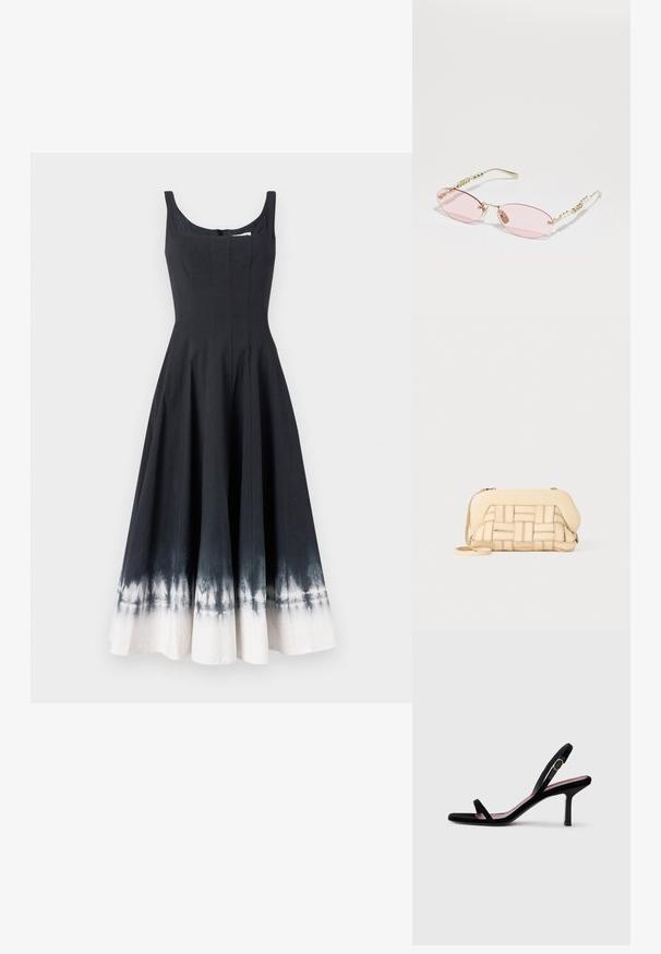 Vestido de verano de algodón negro con un corsé ajustado y una falda acampanada, que presenta un efecto ombre blanco en el dobladillo. Escote redondo y cremallera en la parte posterior.; Sandalia de tacón alto de gamuza negra para mujer, con tiras finas y una hebilla dorada, sobre un fondo blanco, vista lateral.; Gucci Gafas de sol - gold-coloured/pink; Bolso tejido beige con un diseño estructurado, que cuenta con una parte superior lisa y una correa larga. Los detalles texturizados realzan la apariencia general.