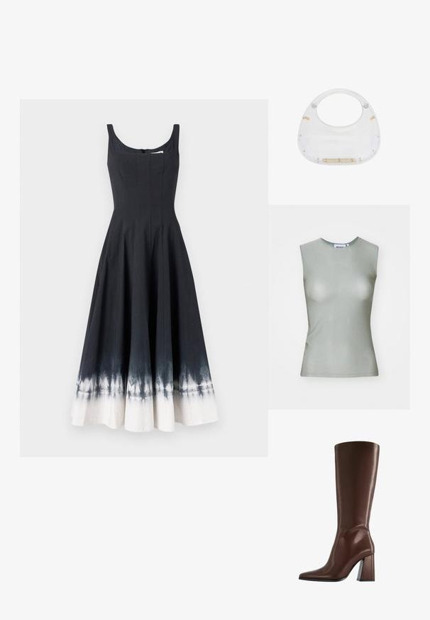 Rochie de vară din bumbac negru, cu un bust mulat și fustă evazată, având un efect ombre alb la tiv. Decolteu rotunjit și fermoar la spate.; Top fără mâneci, de culoare verde deschis, realizat dintr-un material neted, având un gât înalt și o siluetă ajustată. Fără accesorii sau modele vizibile.; Cizme maro din piele, până la genunchi, cu vârf ascuțit și toc gros de înălțime medie, prezentate în profil lateral pe fundal alb.; Geantă din acrilică transparentă, cu vârful rotunjit și mânere deschise. Prezintă detalii din metal galben și o suprafață netedă, lustruită.