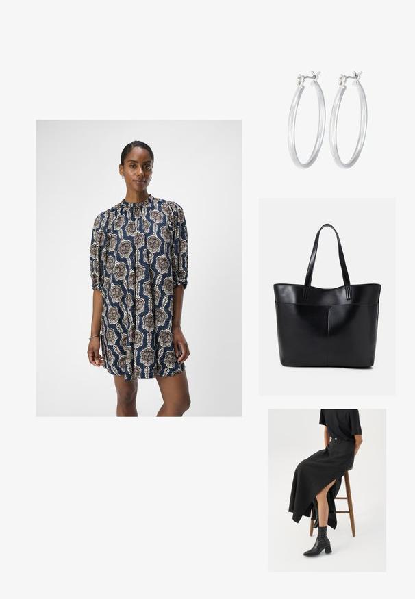 Object OBJEMMI DRESS - Freizeitkleid - black/white sand; Schwarzer Leinen-Maxi-Rock mit hohem Schlitz, getragen mit einem schwarzen T-Shirt und schwarzen Knöchelstiefeln. Minimalistisches Design mit lockerer Passform.; Schwarze Leder-Shopper-Tasche mit zwei langen Griffen, einer glatten Textur und einer strukturierten Form. Verfügt über eine Vordertasche für zusätzlichen Stauraum.; Silberne Creolen mit einer glatten, polierten Oberfläche. Runder Form und sicherem Klickverschluss. Leichtes Design, geeignet für den täglichen Gebrauch.