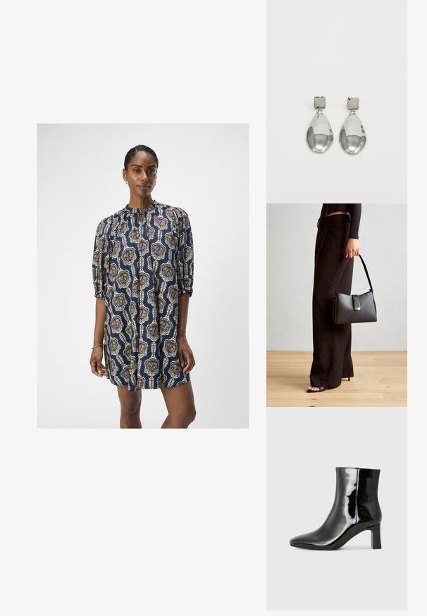 Object OBJEMMI DRESS - Day dress - black/white sand; Black patent leather ankle boot with a pointed toe and a mid-height block heel. Smooth texture and minimalist design.; Black handbag with structured shape, smooth texture, and a metallic clasp. Paired with wide black pants and open-toe sandals on wooden floor.; Silver drop earrings with a square stud, featuring a smooth, polished finish and a teardrop shape, reflecting light with a glossy surface.