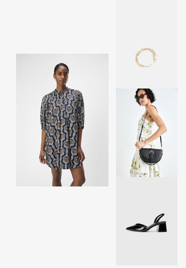 Object OBJEMMI DRESS - Dienas kleita - black/white sand; Melna lakota āda ar atvērto papēdi, ar smailu purngalu un ģeometrisku blokpapēdi. Iezīmējas elegants, minimāls dizains un gluda tekstūra.; Melnas ādas rokassoma ar izliekta formu, noņemamu siksnu un zelta aksesuāriem. Somai ir vāciņš ar sprādzes detaļu.; Zelta toņa gredzens ar organisku, vērptu dizainu, gludu virsmu un sašaurinātiem galiem, radot mūsdienīgu, skulpturālu izskatu.