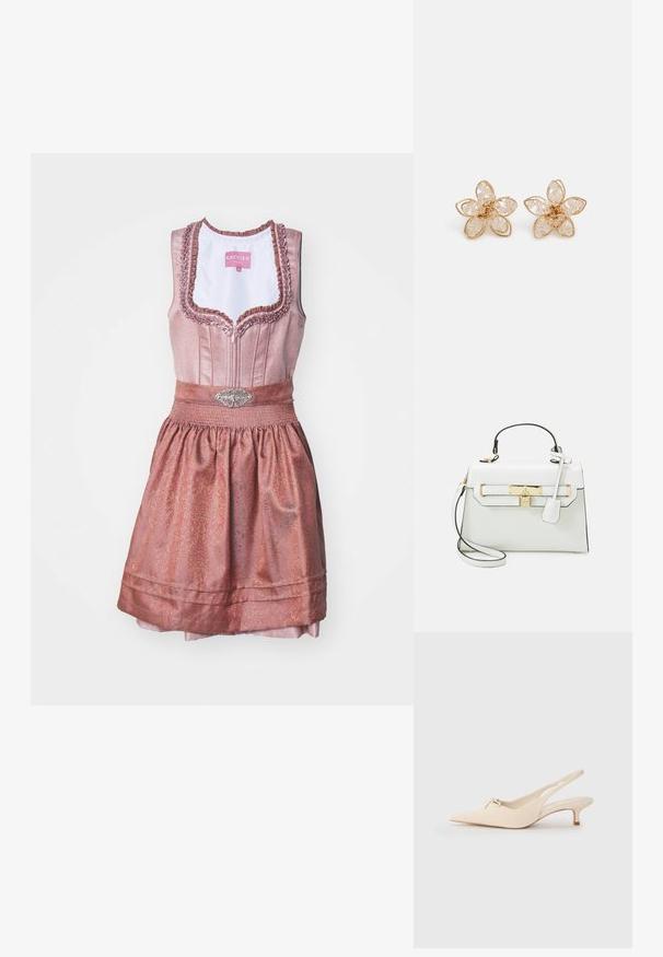 Krüger Dirndl - Dirndl; Sandały slingback z noskiem w kształcie szpica w off-white skórze, z małym detalem w postaci kokardki i niskim obcasem typu kitten heel. Gładka faktura, minimalistyczny design.; Biała torebka o teksturze krokodyla, złote okucia, uchwyt u góry i odpinany pasek na ramię; wyposażona w zamek oraz minimalistyczny design.; sweet deluxe STATEMENT STUD EARRING BEADS - Kolczyki