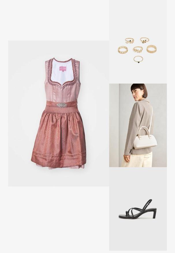 Krüger Dirndl Dirndl - braun; Sandal cu barete negre, cu vârf pătrat și toc mic de bloc. Prezintă mai multe barete subțiri și o bareta ajustabilă la gleznă. Fabricat din piele netedă.; Geantă structurată albă, cu mânere scurte și curea de umăr, având accente din metal aurit și material texturat, expusă pe un fundal gri.; Set de șase inele aurii cu diferite designuri: împletite, cu motive de frunze și benzi solide; unele cu accente de pietre prețioase verzi.