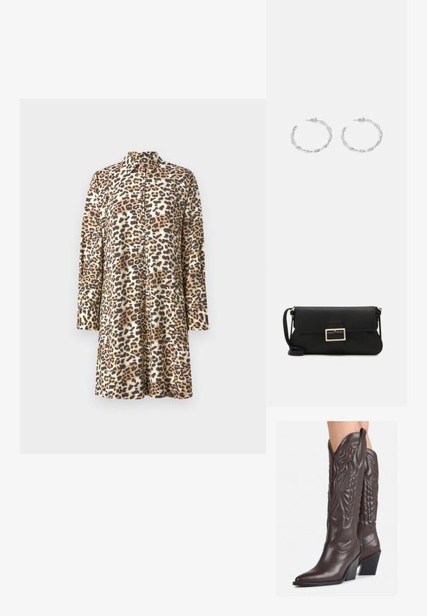 Beżowa sukienka koszulowa w wzór panterki w odcieniach brązu, z kołnierzykiem, długimi rękawami i zapięciem na guziki, o luźnym kroju.; Brązowe skórzane kowbojki z noskiem w kształcie migdała i blokowym obcasem, z detalicznym przeszyciem i podniesionymi akcentami na cholewce.; Czarna skórzana torebka kopertowa z klapką i detalem w postaci złotej metalowej klamry. Zawiera czarny pasek oraz elegancki, minimalistyczny design.; Srebrne kolczyki w kształcie obręczy z skręconym wzorem, z polerowanym wykończeniem i zapięciem na sztyft. Mają średnicę około 3 cm.