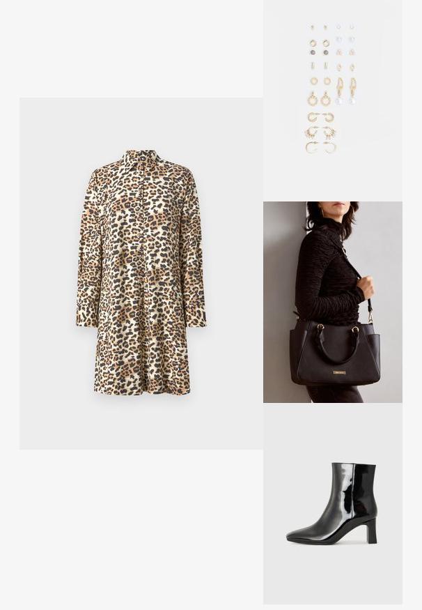 Leopardikuosisella t-paidalla beige- ja ruskeasävyissä, jossa on kaulus, pitkät hihat ja napitus edessä sekä rento istuvuus.; Musta patenttilakattu nilkkuri, jossa on terävä kärki ja keskipitkä lohkarekorko. Silkkinen pinta ja minimalistinen muotoilu.; Musta käsilaukku, jossa on teksturoitu pinta, kaksi yläkantta ja säädettävä olkahihna. Varustettu kultasävyisillä varusteilla ja sivutaskuilla.; Kultasetti kultaisenvärisiä korvakoruja, jotka sisältävät erilaisia muotoiluita, kuten nappikorviksia, rengaskorviksia ja roikkuvia korviksia, joissa on helmiä ja strasseja.
