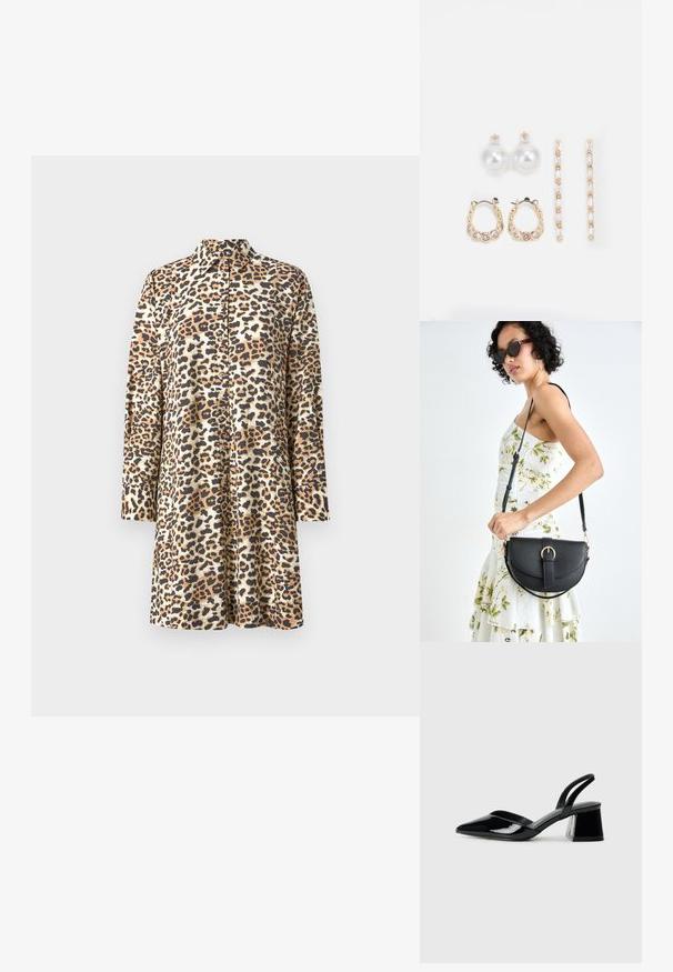 Beige és barna árnyalatú leopárdmintás ingruha, gallérral, hosszú ujjal és gombos elülső résszel, laza szabással.; Fekete lakk bőr szandálkés magas sarkú cipő, hegyes orral és geometrikus tömbsarkakkal. Karcsú, minimalista dizájn és sima textúra jellemzi.; Fekete bőrtáska ívelt formával, levehető pánttal és arany színű fémrészekkel. A táskán egy csattal díszített fedél található.; Három fülbevalópár: nagy fehér gyöngy fülbevalók, arany karika fülbevalók, tiszta drágakövekkel, és két hosszú, egyenes arany akcentus fülbevaló csillogó részletekkel.
