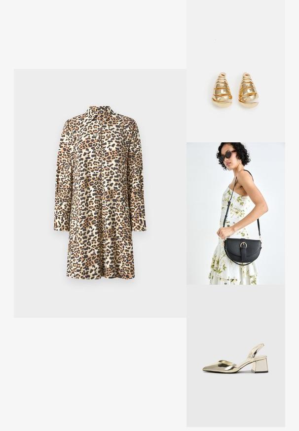 Kjole med leopardmønster i beige og brune toner, med krage, lange ermer og knappløft foran, med en avslappet passform.; Gull, metallisk slingback-hæler med spiss tå og chunky hæl. Glatt tekstur, minimalistisk design og en smal stropp.; Svart lærveske med en buet form, avtagbar stropp og gullbeslag. Vesken har et klaff med spenne-detall.; Gullfargede øreringer formet som avlange kjegler med spiraldetaljer. Glatt overflate med reflekterende finish, med buede aksenter.